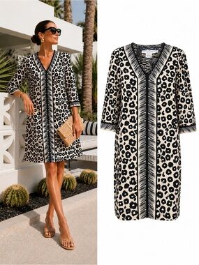 Gretchen Scott Bordertown Wildcat Dress Large Black Ivory Leopard Print NWOT